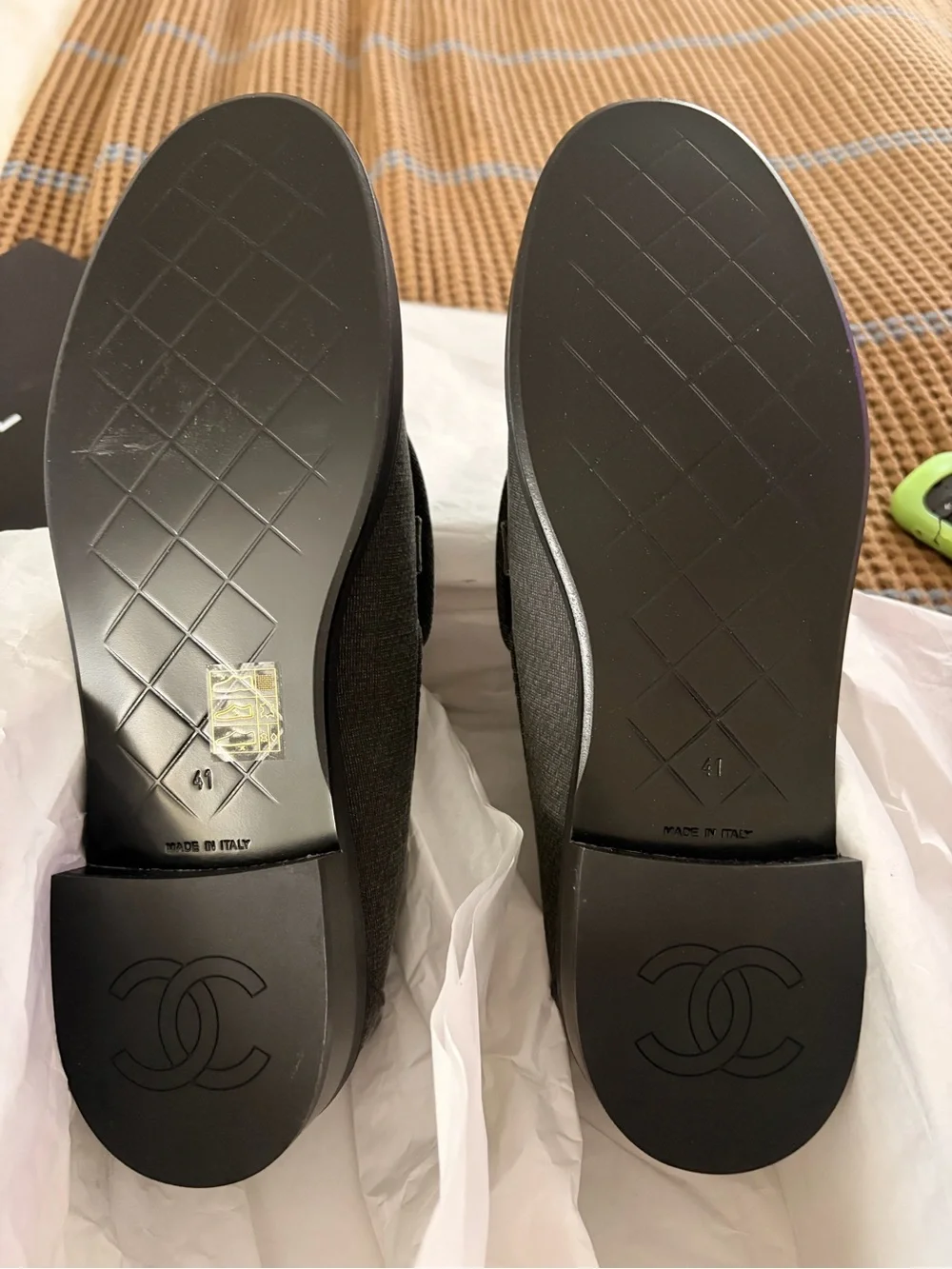 CHANEL Charcoal Quilted Canvas Loafers with Gold CC Chain